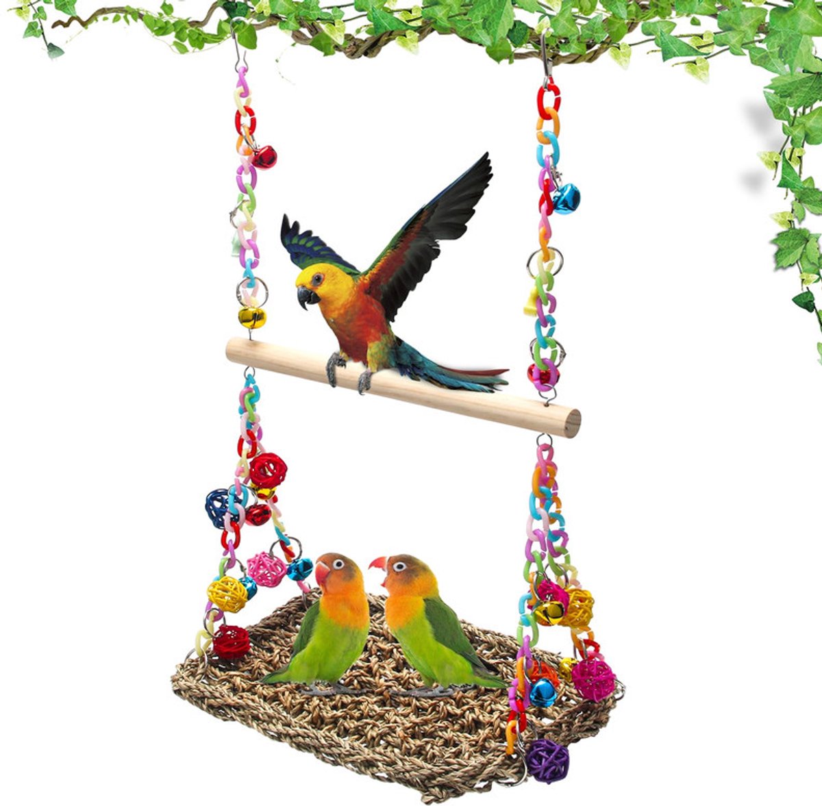 Zeegras hangmat voor vogels - Handgeweven vogelschommel met wilgenhouten zitstok - met belletjes en rotanballen - ophangbaar voor kooien van parkieten en valkparkieten