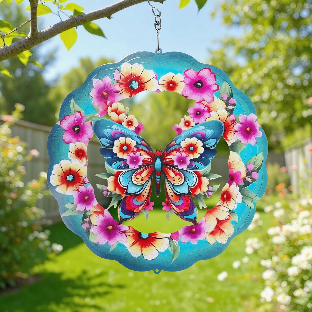 Vlinder bloem windspinner, kleurrijk roestvrij staal, 3D tuin hangdecoratie, vogelverjager met draaibare haak