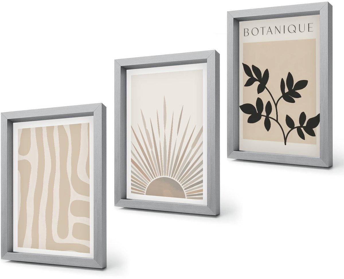 Coloray 4-Delige Schilderij Set - Abstracte patronen met plantenaccenten in neutrale tinten. - 20 x 30 cm - Wanddecoratie - Moderne Interieurdecoratie Zilveren lijst