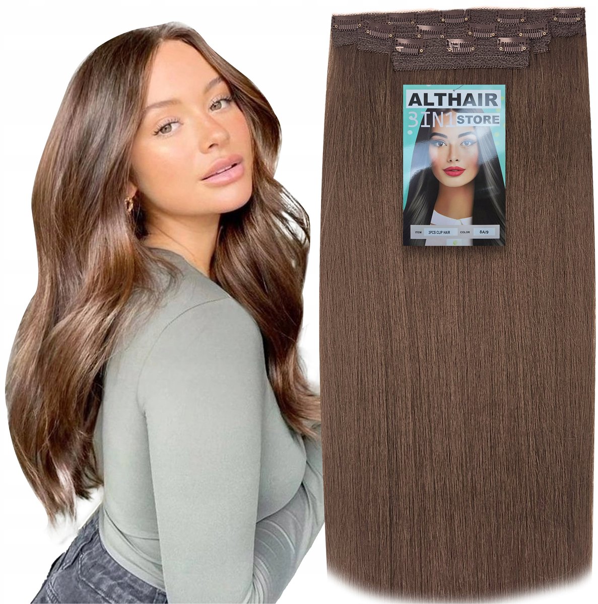 Merkloze Synthetische Clip-in Haarverlengingen, 60cm, Bruin, 3 Delen