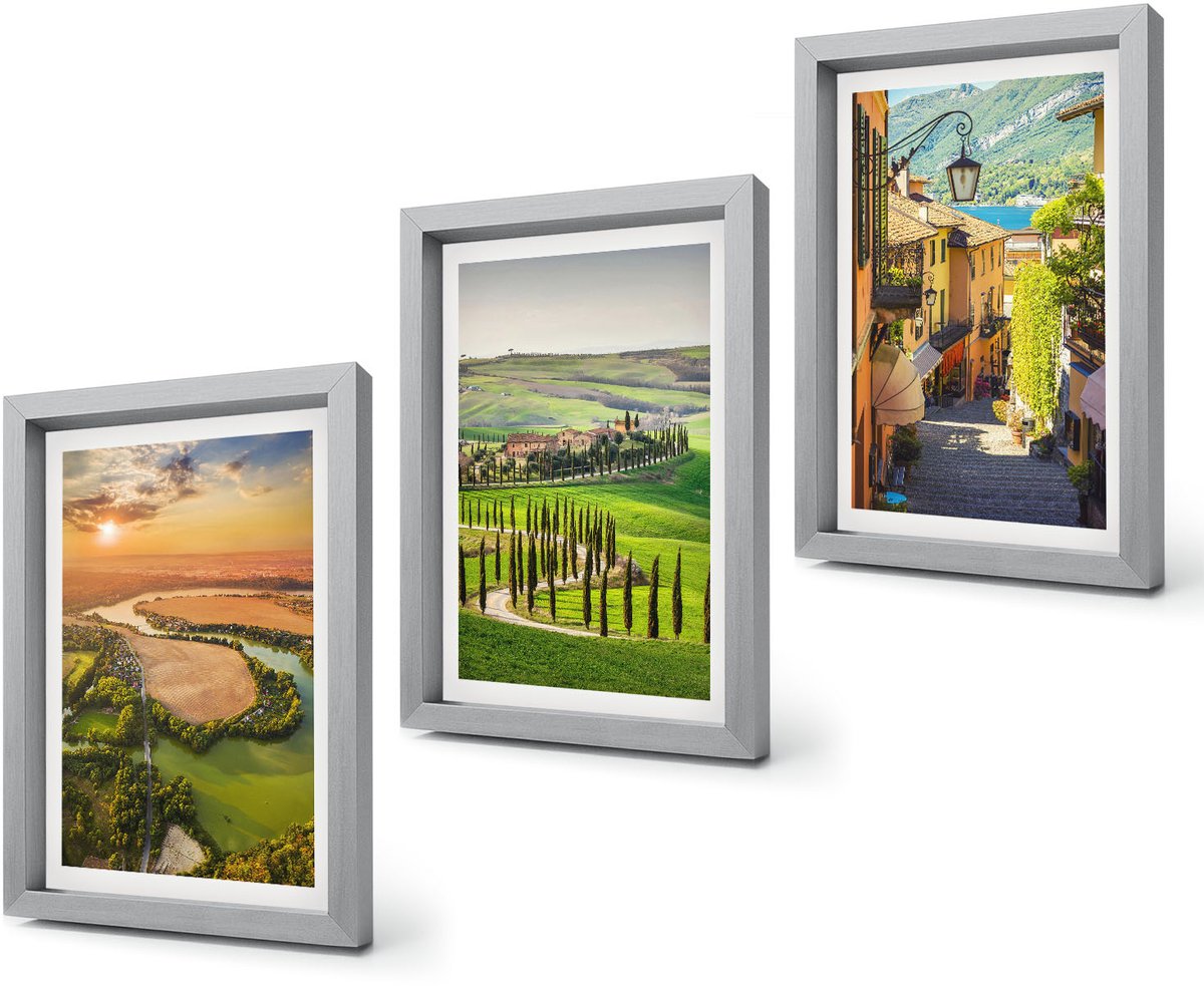Coloray 4-Delige Schilderij Set - Italiaanse landschappen met een rivier, heuvels en een stadsstraat - 20 x 30 cm - Muurdecoratie - Decoratieve Schilderijen - Wohnzimmer Zilveren lijst