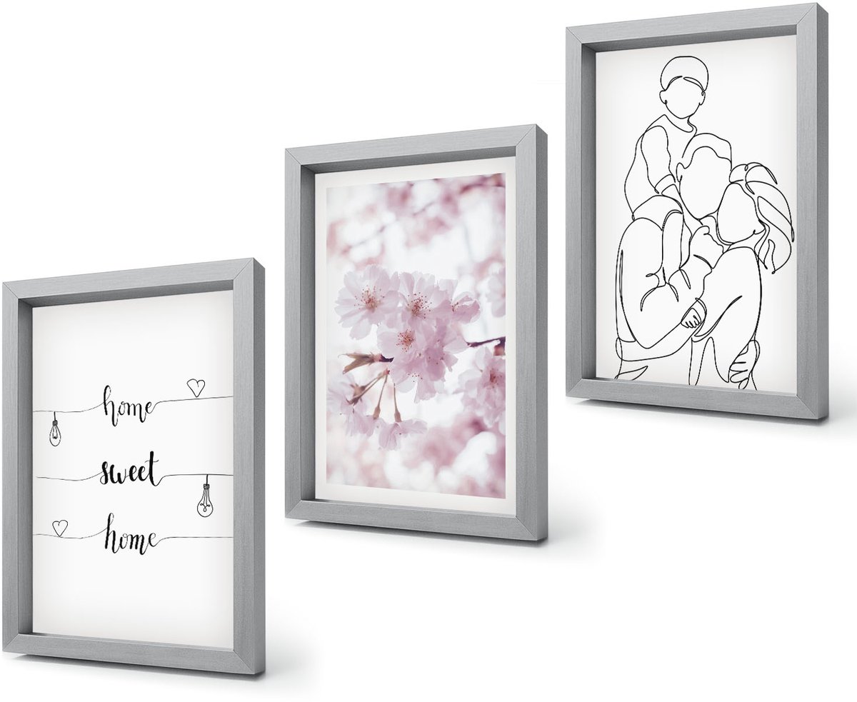 Coloray 4-Delige Schilderij Set - Bloemen en familie in minimalistisch design. - 20 x 30 cm - Wanddecoratie - Muurdecoratie - Woonkamer Zilveren lijst
