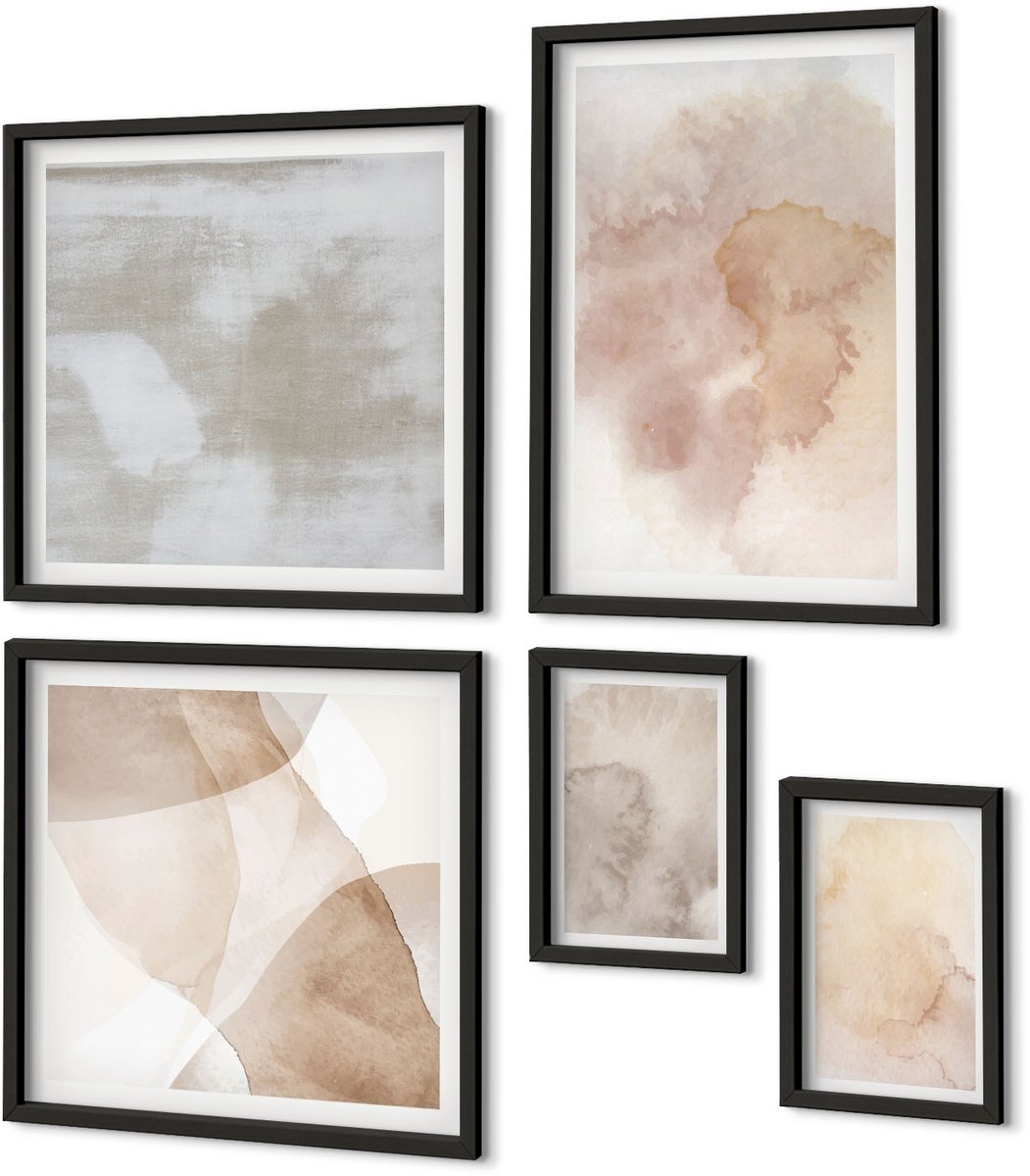Coloray 5-Delige Schilderij Set - Warme Aquarelverf Op Canvas, Pasteltexturen - 50 x 50 cm, 20 x 30 cm En 40 x 60 cm - Stijlvolle Muurdecoratie - Slaapkamer - Moderne Wanddecoratie