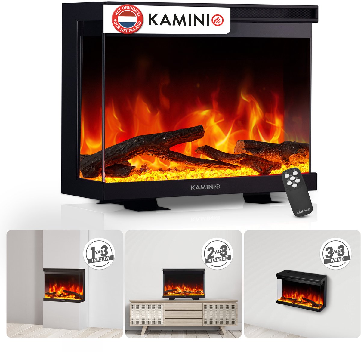 KAMINIO® Lea PRO 30 Elektrokamin met Heizung [vrijstaand, inbouw & wandmontage] - 3-in-1 elektrische haard met panoramisch zicht, LED-vuureffect in 12 kleuren, timer, thermostaat, afstandsbediening, accessoires, wit