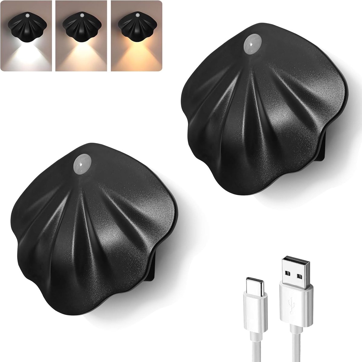 KZQ Set van 2 LED-nachtlampjes met bewegingssensor - Wandlampen - Binnenverlichting - Drie instelbare kleuren - Oplaadbaar - 1200mAh - Magnetisch - Zwart