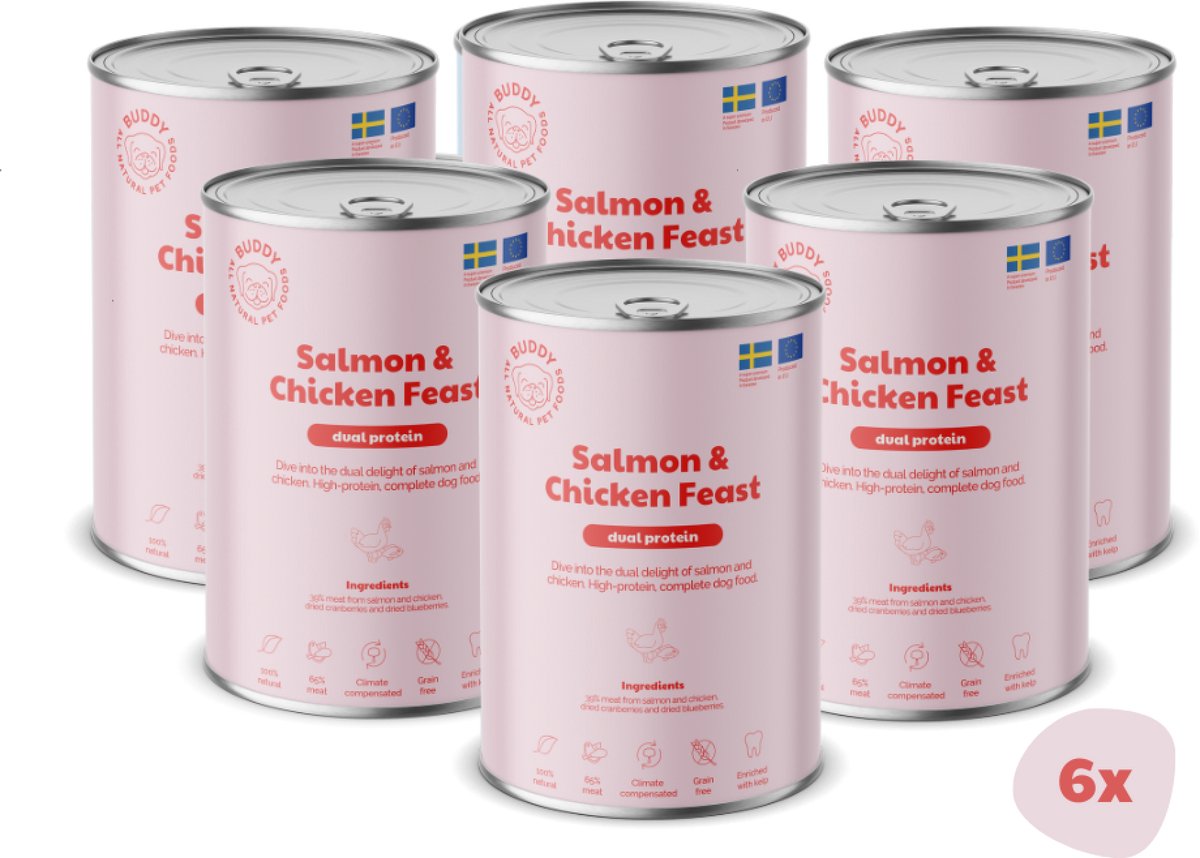 BUDDY BUDDY natvoeding Salmon & Chicken Feast 400 gr. - per 6 stuks