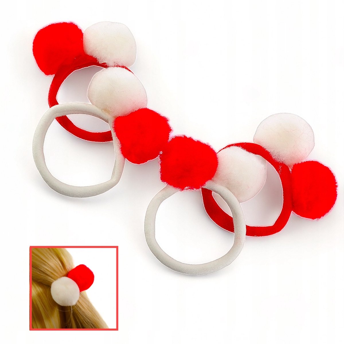 Wit-Rode Haarbanden met Pompons - Set van 4