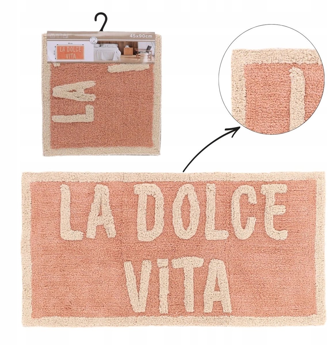 Zachte Katoenen Badmat 45x90cm Roze met 'La Dolce Vita' Tekst