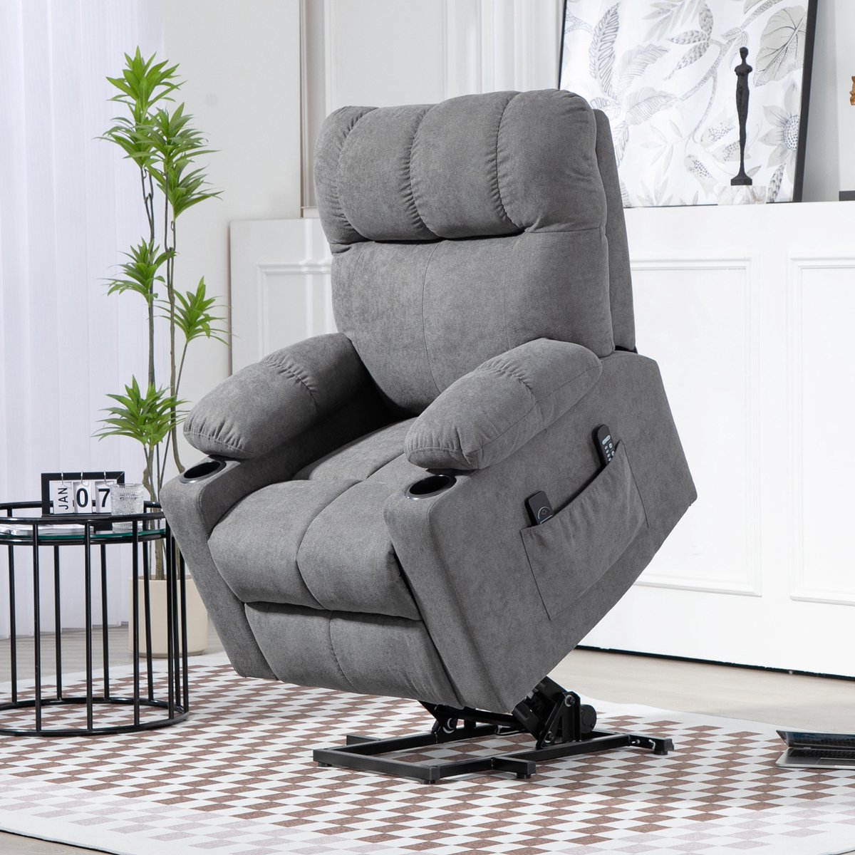 Wishdor Elektrische relaxfauteuil met sta-op functie - Massage en warmte - Verstelbare rugleuning tot 135° - Grijze stoffen uitvoering - 91 cm breed Grijs