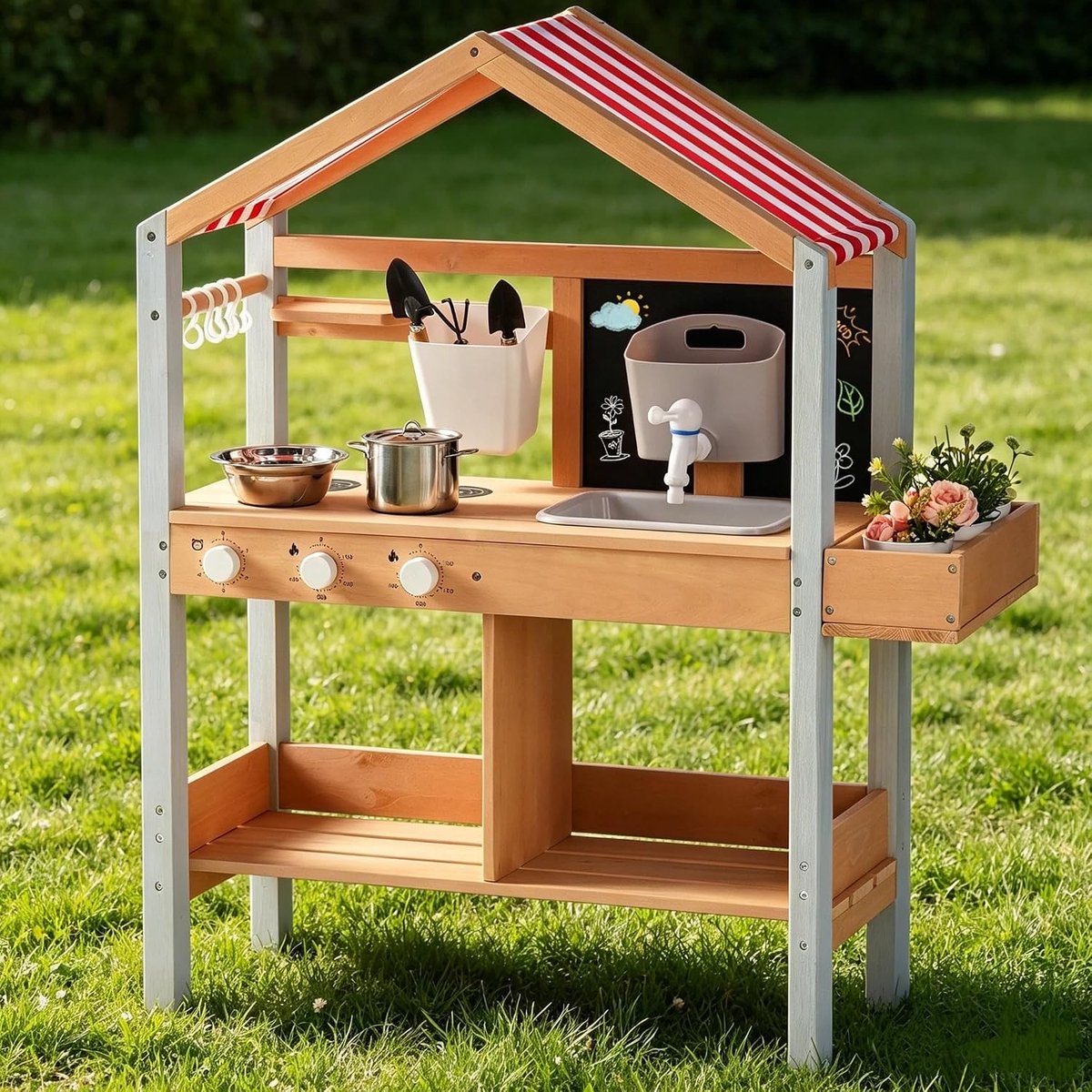 Houten Modderkeuken - Hout - - Buitenspeelkeuken voor Kinderen met Luifel en Werking
