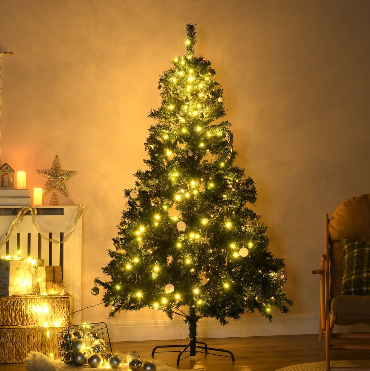 REDOM - Kunstkerstboom - 200 warmwitte LED-lampjes - 745 takken - afneembare inklapbare metalen standaard - voor binnen - Metaal - Groen - Ø112 x 180 cm