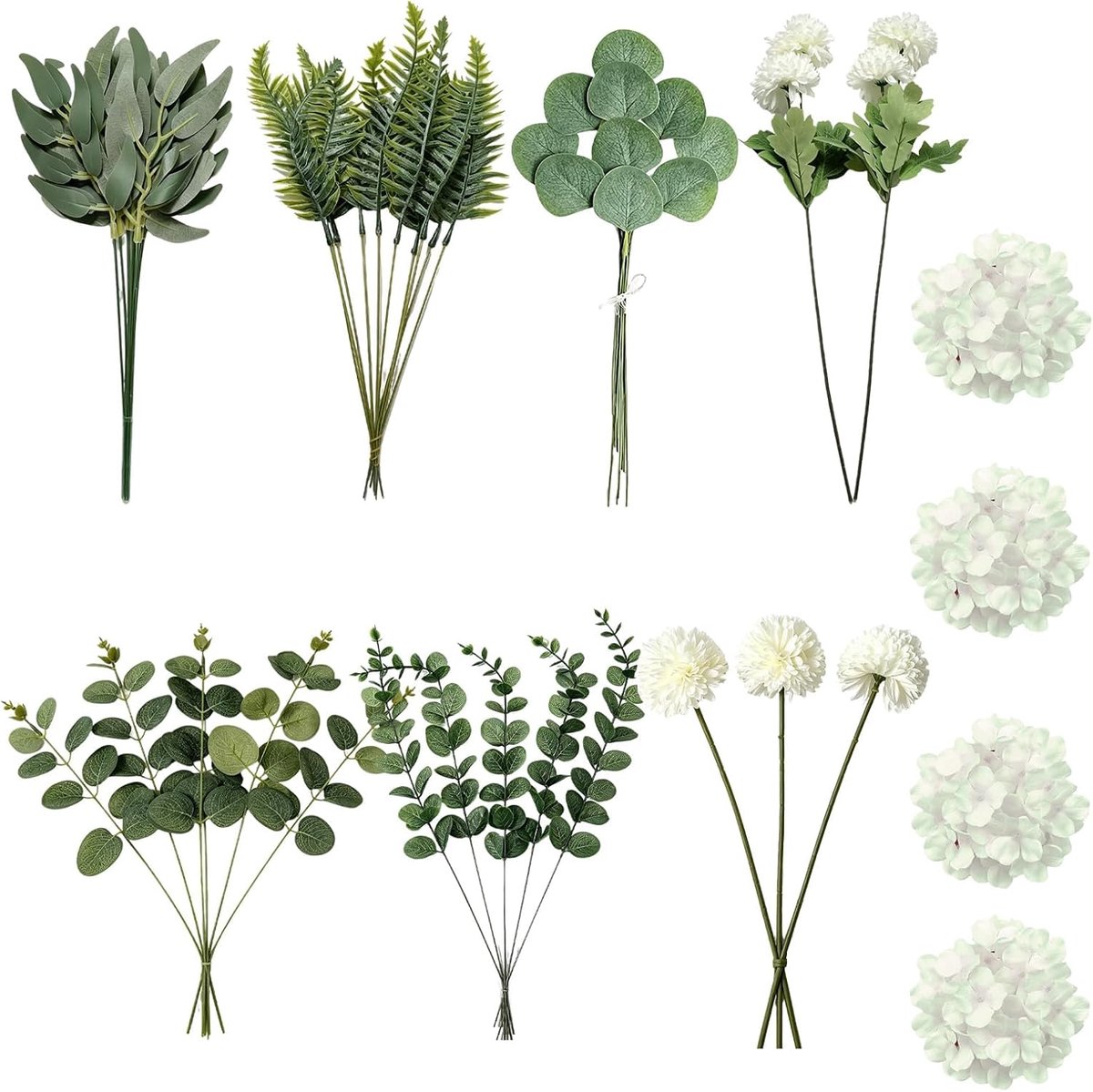 49 stuks kunstbloemen, witte bloemen, kunstbloemen als echte eucalyptus, kunstmatige takken, hortensia, eucalyptus - ShopVlot