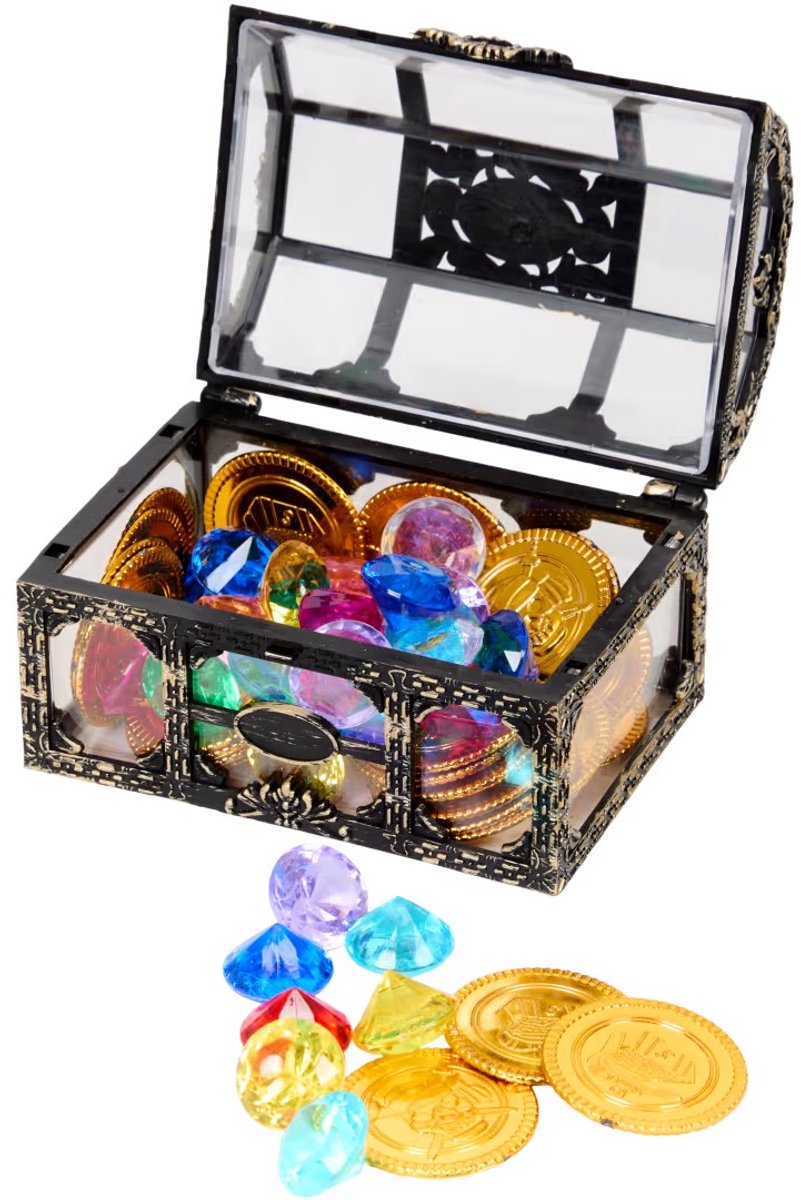 Schatkist met diamanten - Decoratie - Speelgoed - edelstenen - acryl diamanten - gouden munten