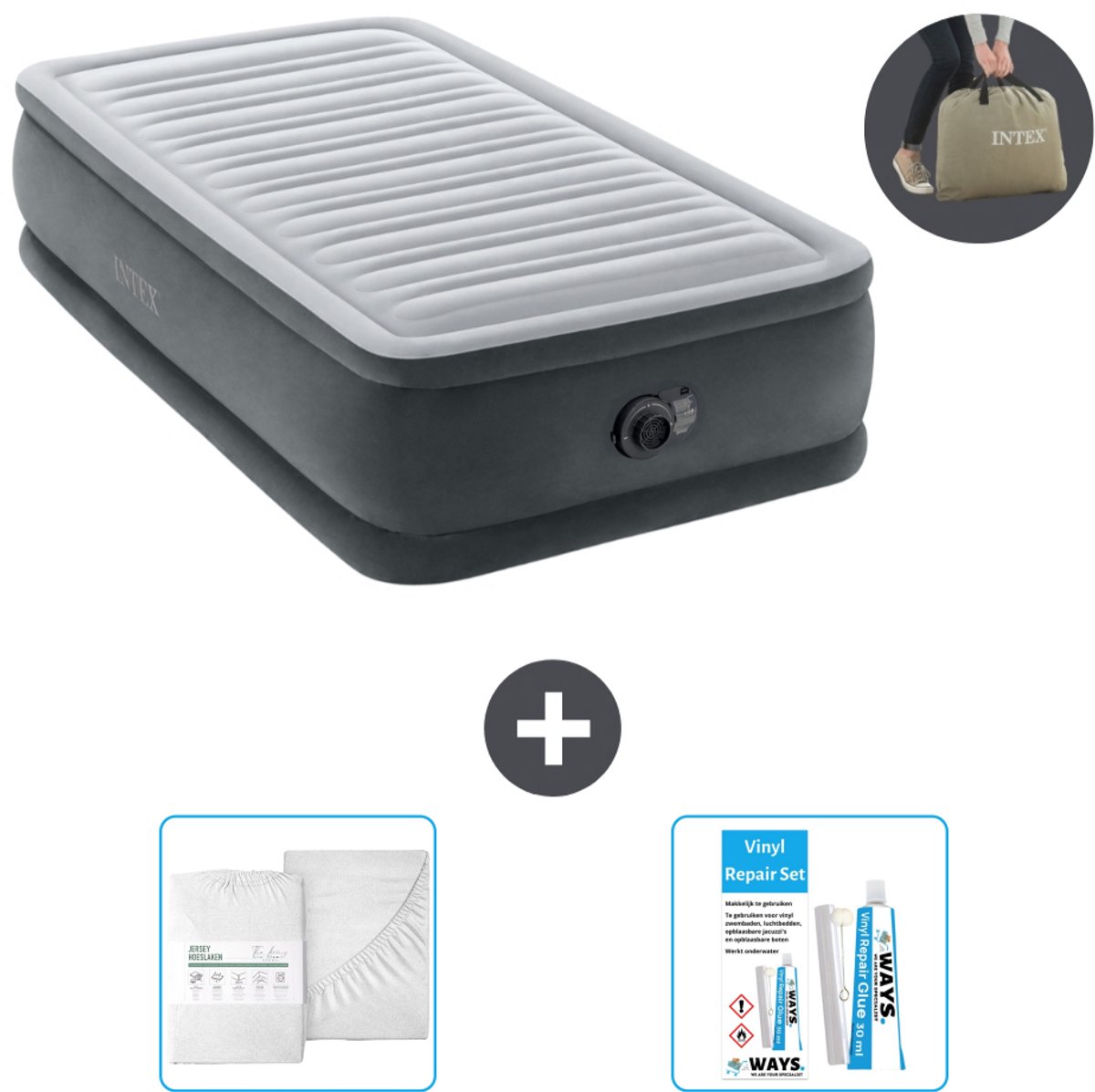 Bol.com Intex Luchtbed - 1-Persoons - 99 x 191 x 46 cm - Grijs - Inclusief pomp - Hoeslaken en Reparatieset aanbieding