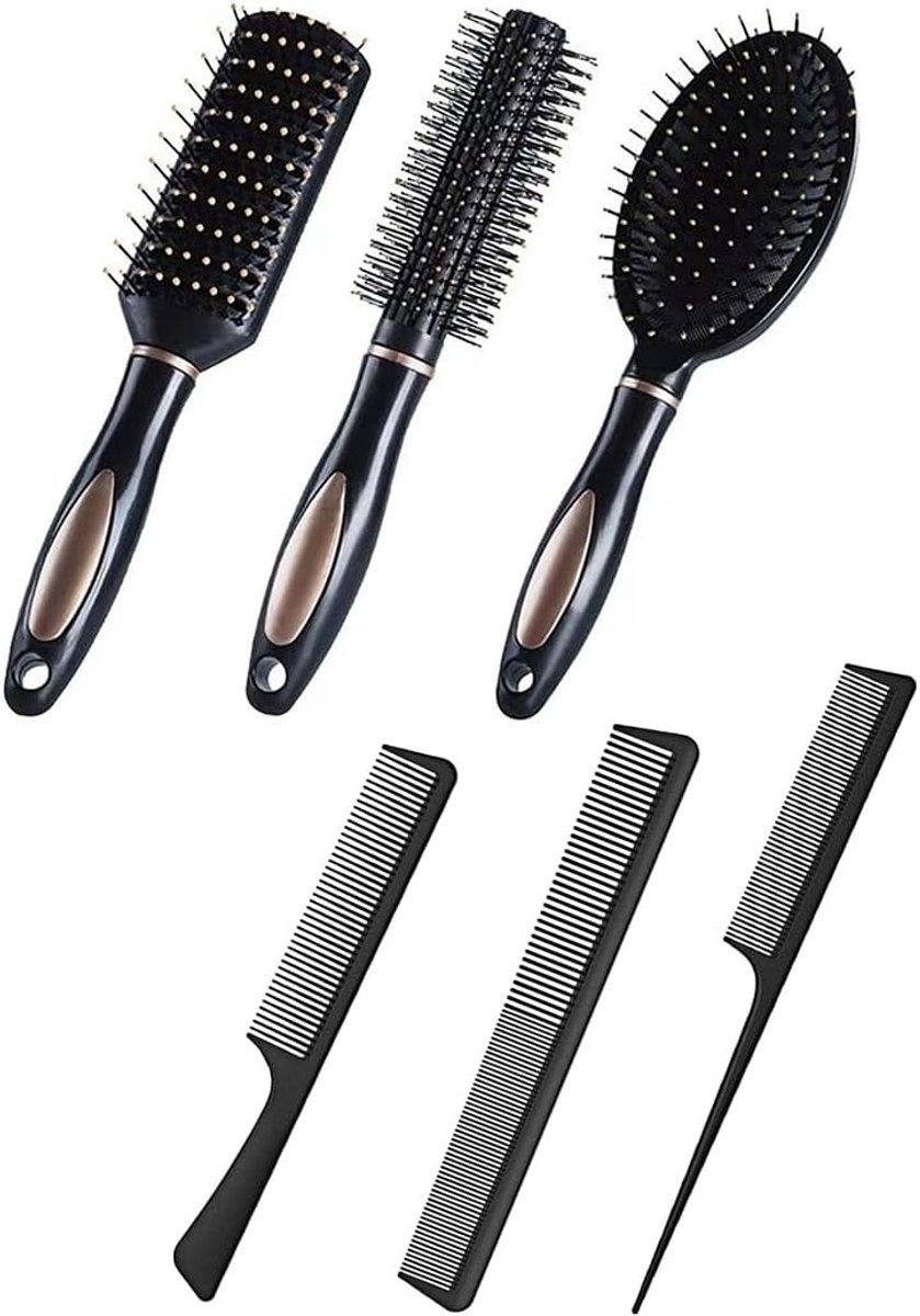 Set van 6 Haarborstels - Meerdere Stijlen - Voor Thuisgebruik en Reizen - Duurzaam en Lichtgewicht - Voor Dames en Heren