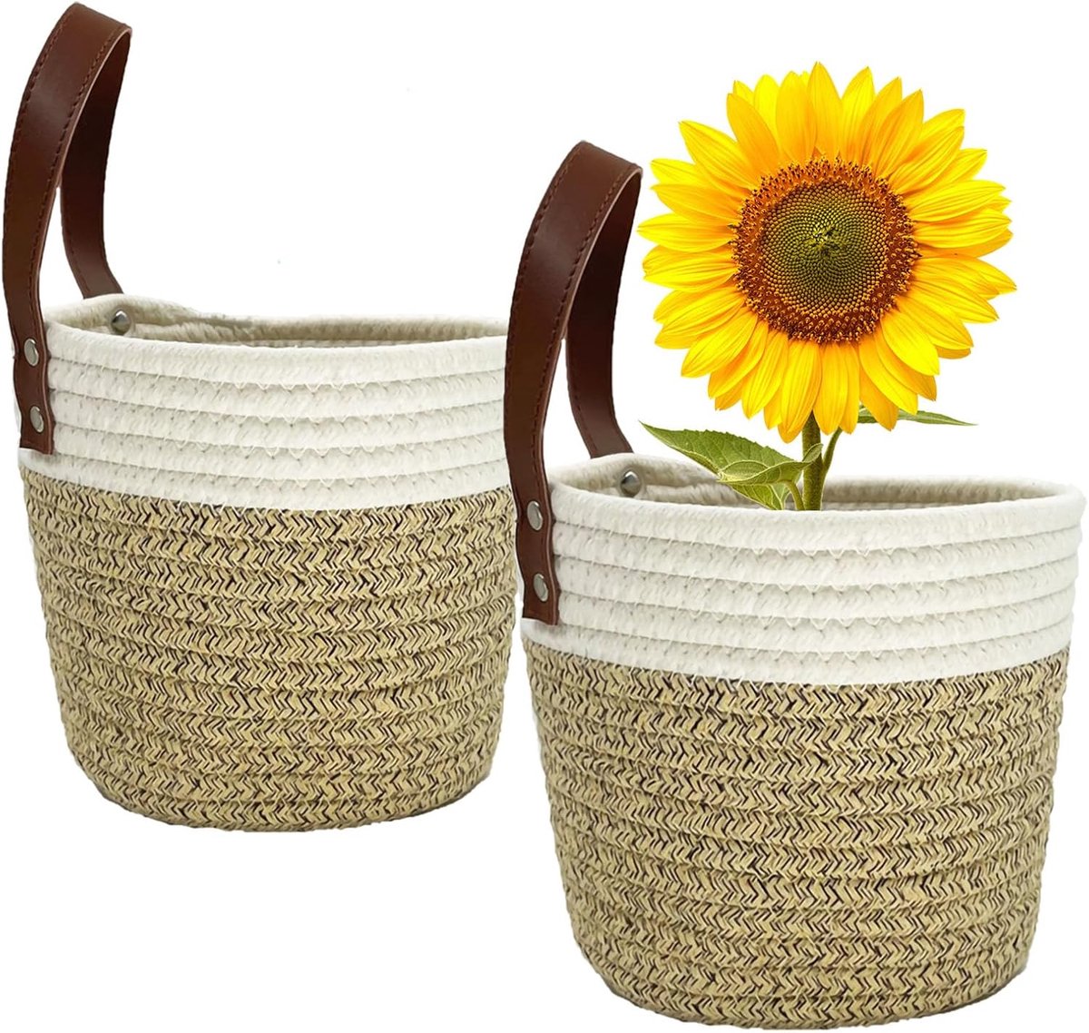 Hanging baskets set van 2 - geweven touw - met leren handvatten - ideaal voor sleutels en accessoires - ShopVlot