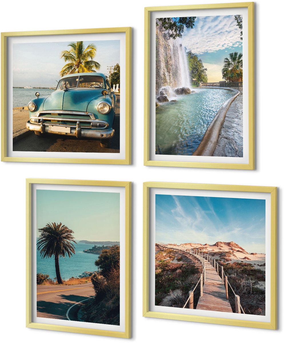 Coloray 4-Delige Schilderij Set - Vakantielandschappen met palmbomen en een waterval - 40 x 40 cm en 40 x 60 cm - Wanddecoratie - Muurdecoratie - Moderne Interieurdecoratie - Moderne Wanddecoratie