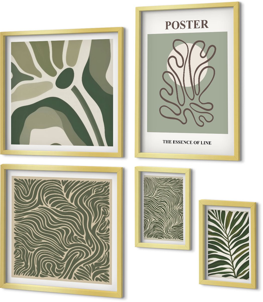 Coloray 5-Delige Schilderij Set - Abstracte Vormen En Plantmotieven In Boho-Stijl - 50 x 50 cm, 20 x 30 cm En 40 x 60 cm - Stijlvolle Muurdecoratie - Kantoor - Moderne Wanddecoratie