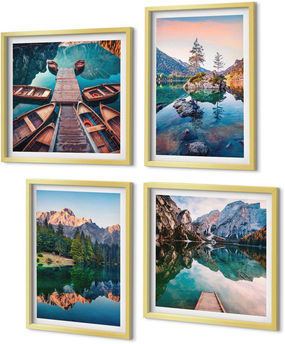 Coloray 4-Delige Schilderij Set - Bergmeren met weerspiegelingen in het water en het bos. - 40 x 40 cm en 40 x 60 cm - Wanddecoratie - Schilderijen Set - Interieur - Moderne Wanddecoratie