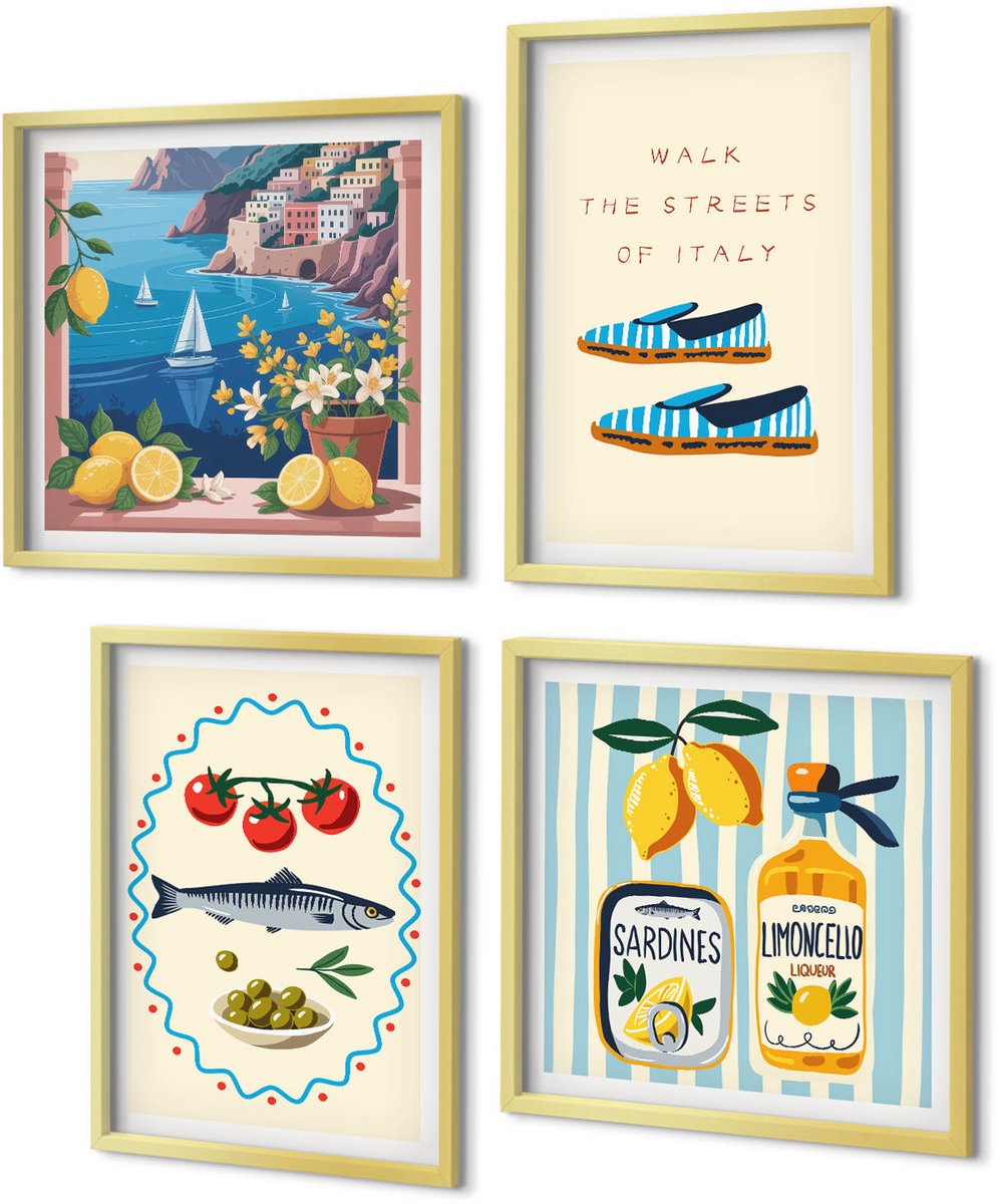 Coloray 4-Delige Schilderij Set - Italiaanse smaken en levensstijl in kleurrijke afbeeldingen - 40 x 40 cm en 40 x 60 cm - Muurdecoratie - Decoratieve Schilderijen - Wohnzimmer - Woonkamer Decoratie
