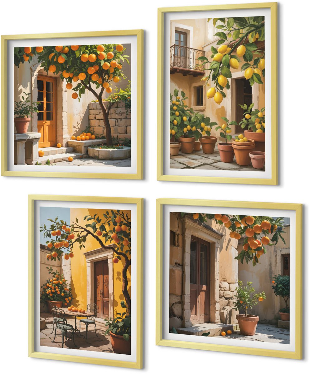 Coloray 4-Delige Schilderij Set - Citrusvruchten in een zonnige binnenplaats met planten - 40 x 40 cm en 40 x 60 cm - Muurdecoratie - Decoratieve Schilderijen - Wohnzimmer