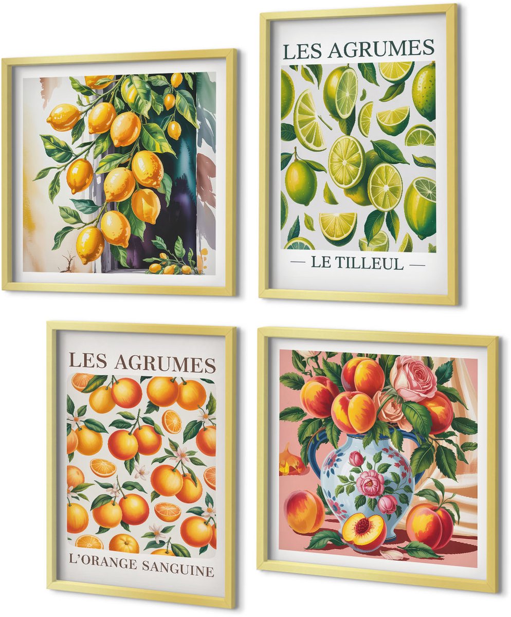 Coloray 4-Delige Schilderij Set - Citrusvruchten in diverse kleurrijke en verse varianten - 40 x 40 cm en 40 x 60 cm - Stijlvolle Wanddecoratie - Interieur - Stijlvolle Muurdecoratie