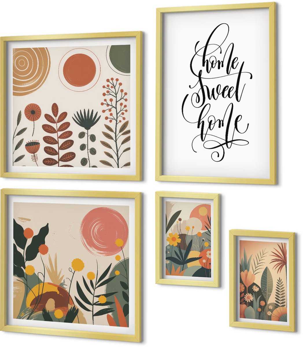 Coloray 5-Delige Schilderij Set - Stijlvolle Decoraties Met Plantmotieven En Opschriften. - 50 x 50 cm, 20 x 30 cm En 40 x 60 cm - Schilderijen Set - Wanddecoratie - Woonkamer - Muurdecoratie