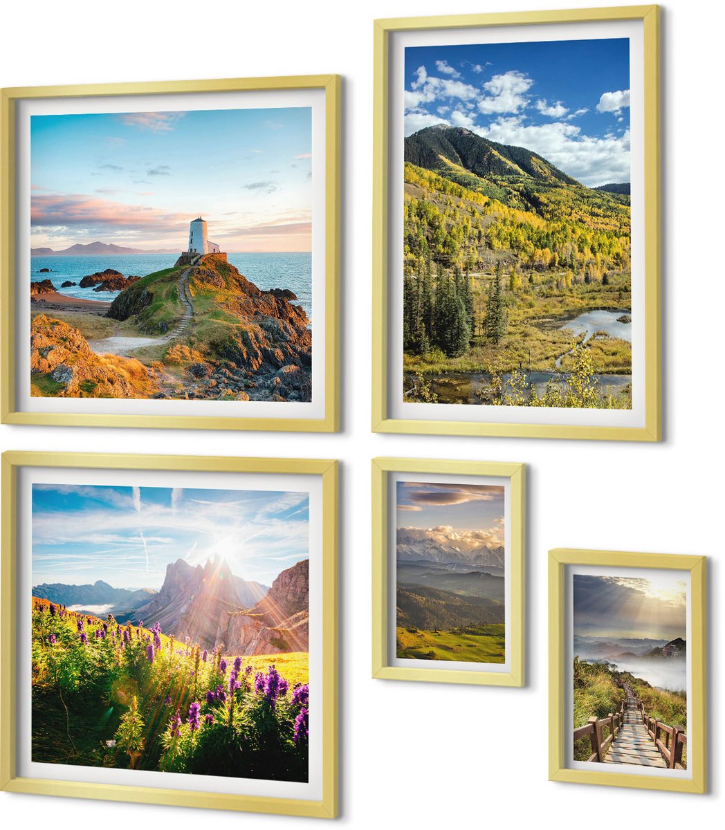 Coloray 5-Delige Schilderij Set - Berglandschappen Met Pittoreske Uitzichten Op De Natuur - 50 x 50 cm, 20 x 30 cm En 40 x 60 cm - Stijlvolle Muurdecoratie - Kantoor - Interieur Decoratie