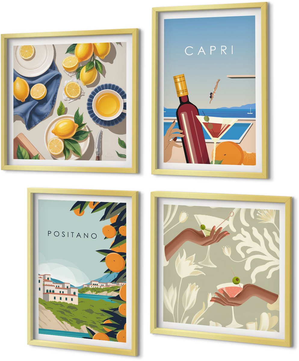 Coloray 4-Delige Schilderij Set - Vakantiegezichten Italiaanse citroenen Positano en Capri - 40 x 40 cm en 40 x 60 cm - Stijlvolle Muurdecoratie - Slaapkamer - Moderne Wanddecoratie