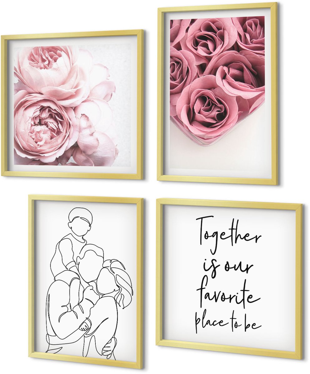 Coloray 4-Delige Schilderij Set - Familie Line-Art Rozenboeketten Inscriptie Thuis - 40 x 40 cm en 40 x 60 cm - Wanddecoratie - Woonkamer Decoratie - Stijlvolle Muurdecoratie