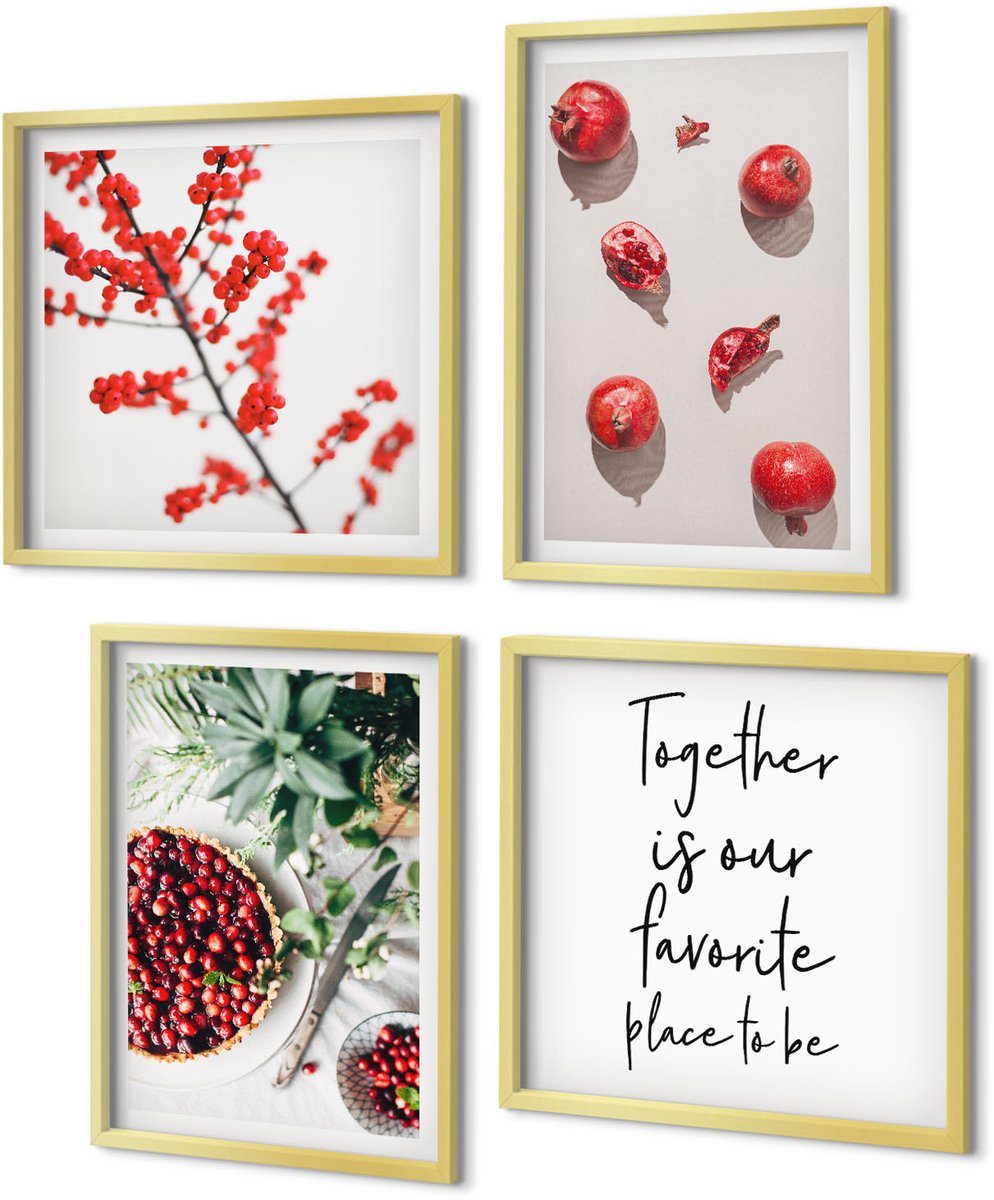 Coloray 4-Delige Schilderij Set - Rode vruchten en planten in een minimalistische stijl - 40 x 40 cm en 40 x 60 cm - Wanddecoratie - Schilderijen Set - Kantoor - Interieur Decoratie