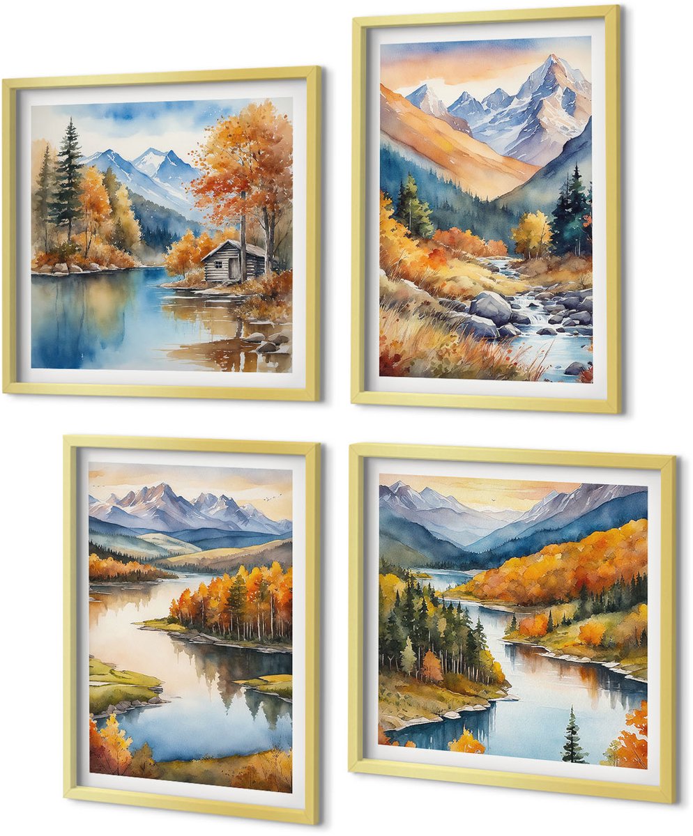 Coloray 4-Delige Schilderij Set - Uitzicht op de bergen met een rivier en herfstbomen. - 40 x 40 cm en 40 x 60 cm - Muurdecoratie - Wanddecoratie - Slaapkamer - Stijlvolle Muurdecoratie