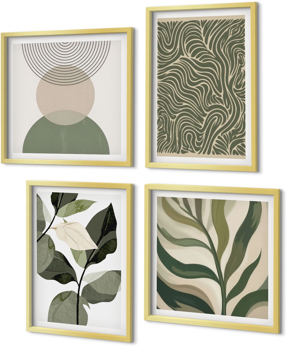 Coloray 4-Delige Schilderij Set - Abstracte bladeren en geometrische vormen - 40 x 40 cm en 40 x 60 cm - Moderne Wanddecoratie - Woonkamer - Decoratieve Schilderijen
