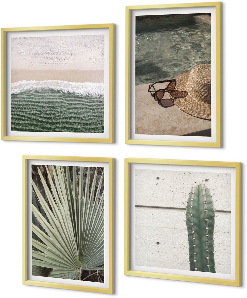 Coloray 4-Delige Schilderij Set - Tropische planten en vakantieaccessoires aan het water - 40 x 40 cm en 40 x 60 cm - Muurdecoratie - Interieur Decoratie - Moderne Wanddecoratie