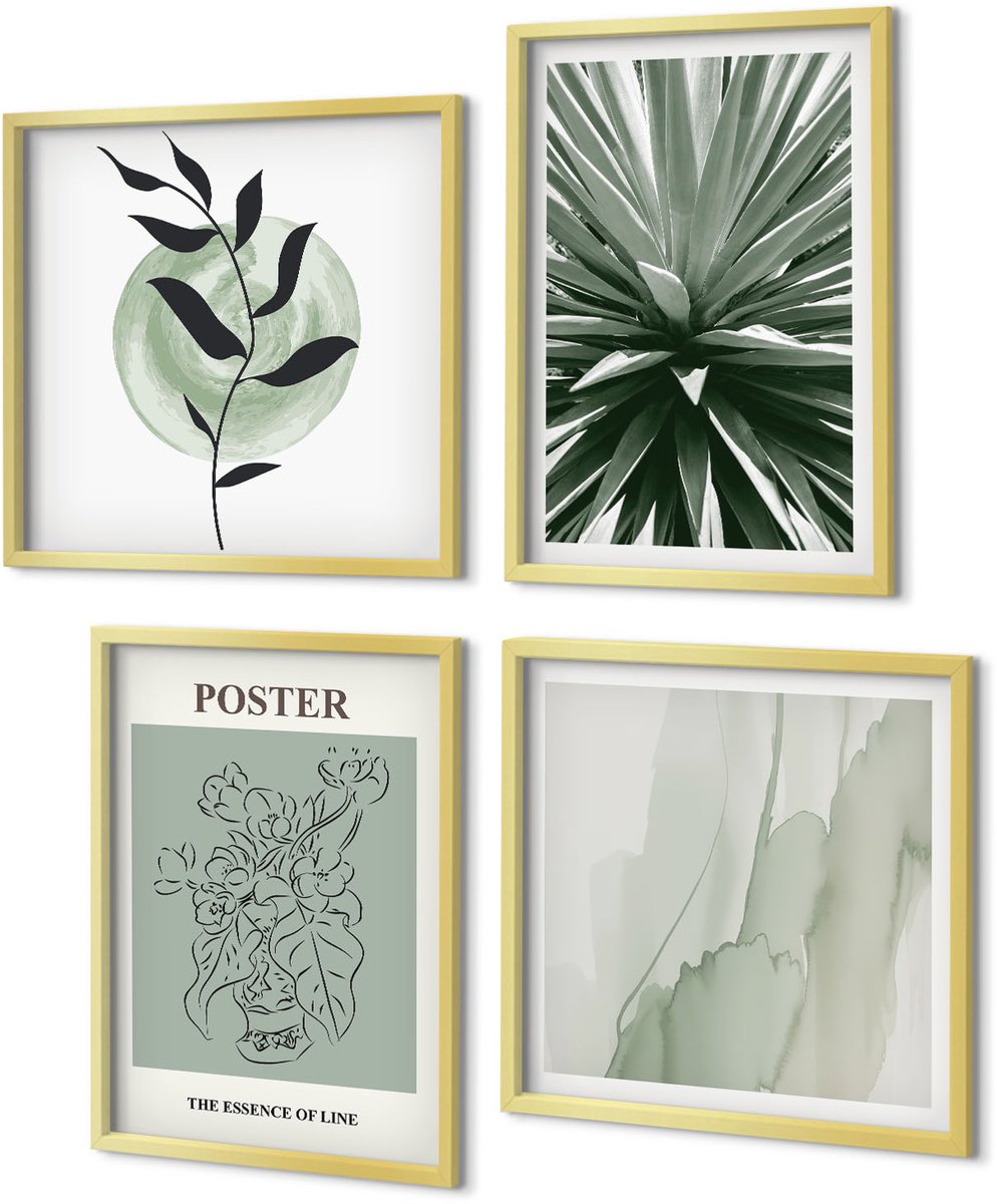 Coloray 4-Delige Schilderij Set - Plantenpatronen in tinten groen en beige - 40 x 40 cm en 40 x 60 cm - Muurdecoratie - Wanddecoratie - Slaapkamer