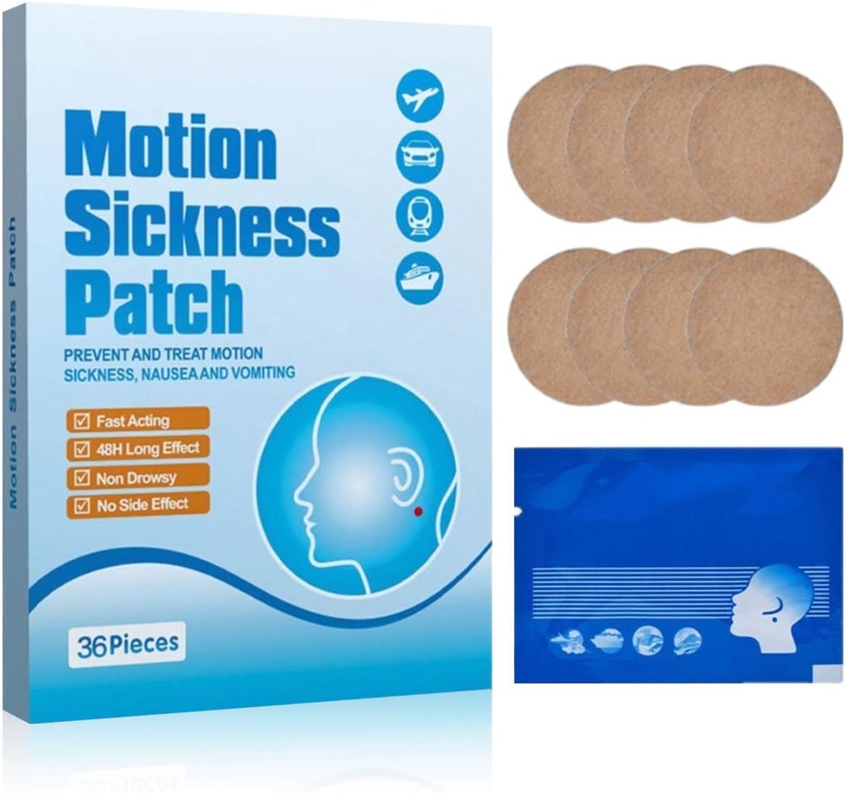 Pack of 36 Anti-Nausea Patches for Car Pain, Sea Pain and Air Travel, Fast Operation and Long Service Life 48-72 - ShopVlot