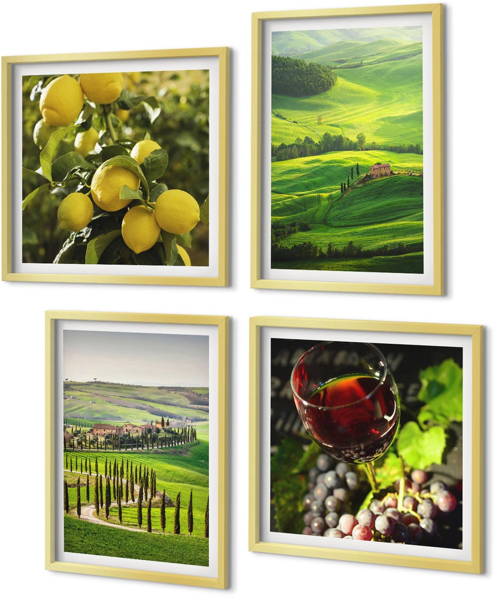 Coloray 4-Delige Schilderij Set - Italiaanse landschappen met citrusbomen en groene heuvels - 40 x 40 cm en 40 x 60 cm - Muurdecoratie - Schilderijen Set - Woonkamer - Wanddecoratie