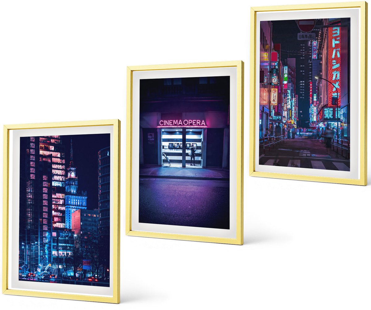 Coloray 3-Delige Schilderij Set - Nachtelijke Stadsgezichten Met Neonlichten - 40 x 40 cm En 40 x 60 cm - Stijlvolle Muurdecoratie - Slaapkamer