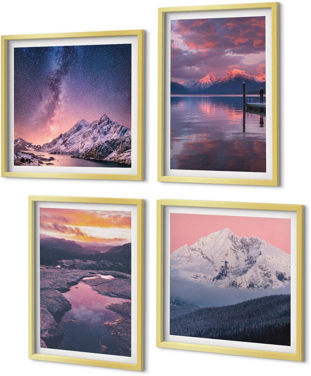 Coloray 4-Delige Schilderij Set - Bergen en water in prachtige natuurlijke landschappen - 40 x 40 cm en 40 x 60 cm - Wanddecoratie - Schilderijen Set - Kantoor