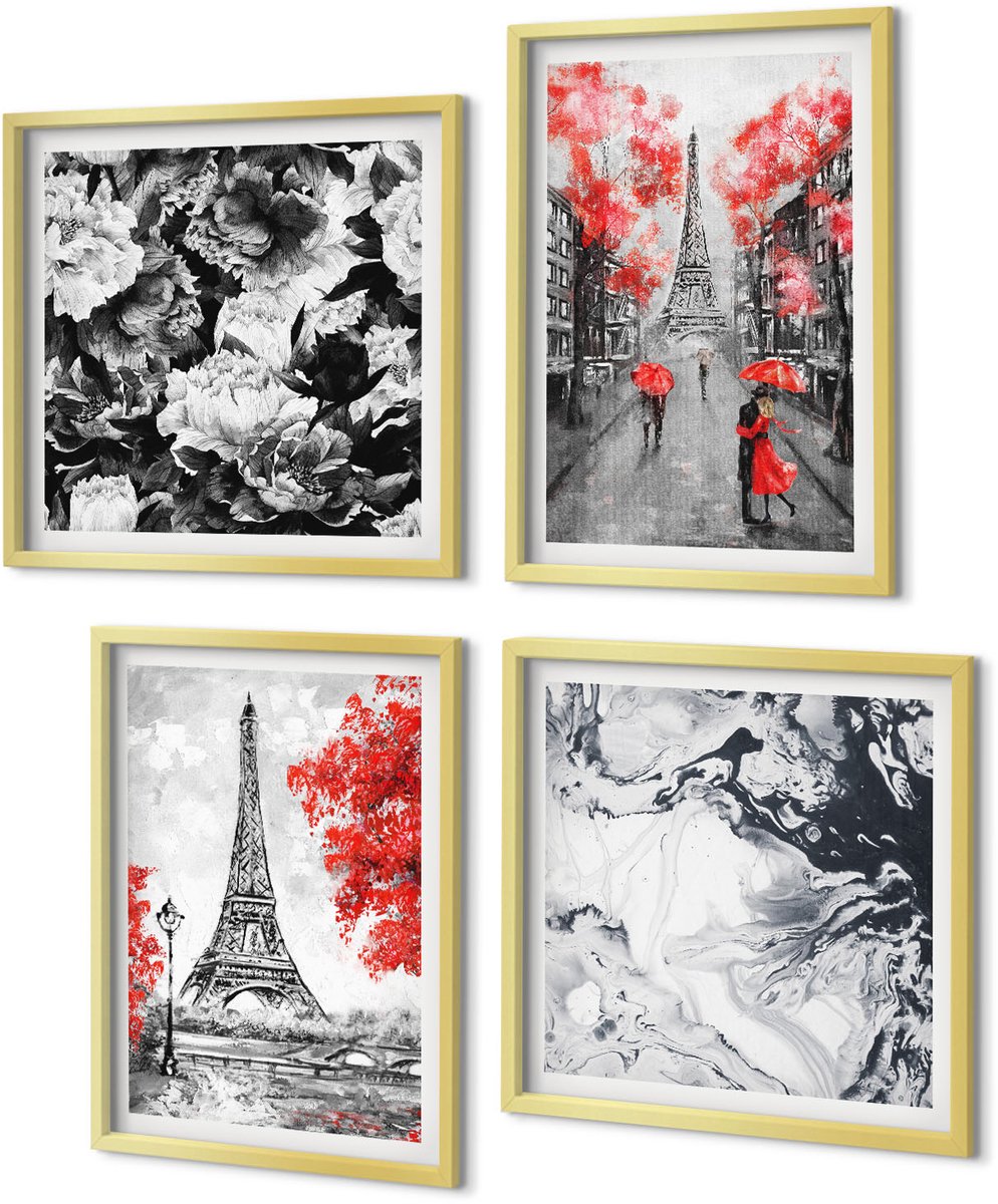 Coloray 4-Delige Schilderij Set - Eiffeltoren in grijs met rode accenten - 40 x 40 cm en 40 x 60 cm - Moderne Wanddecoratie - Woonkamer