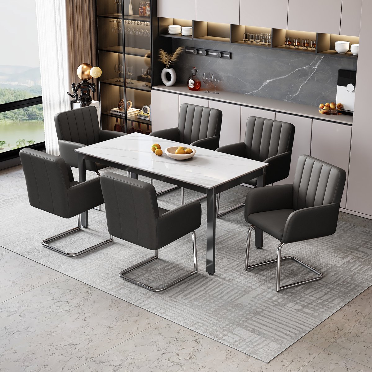 FloraGrace Eetkamerstoel Set Van 6 – Met Armleuningen En Zitting Van Kunstleer – Zwart – Modern Design – Voor Eetkamer En Woonkamer – Metaal