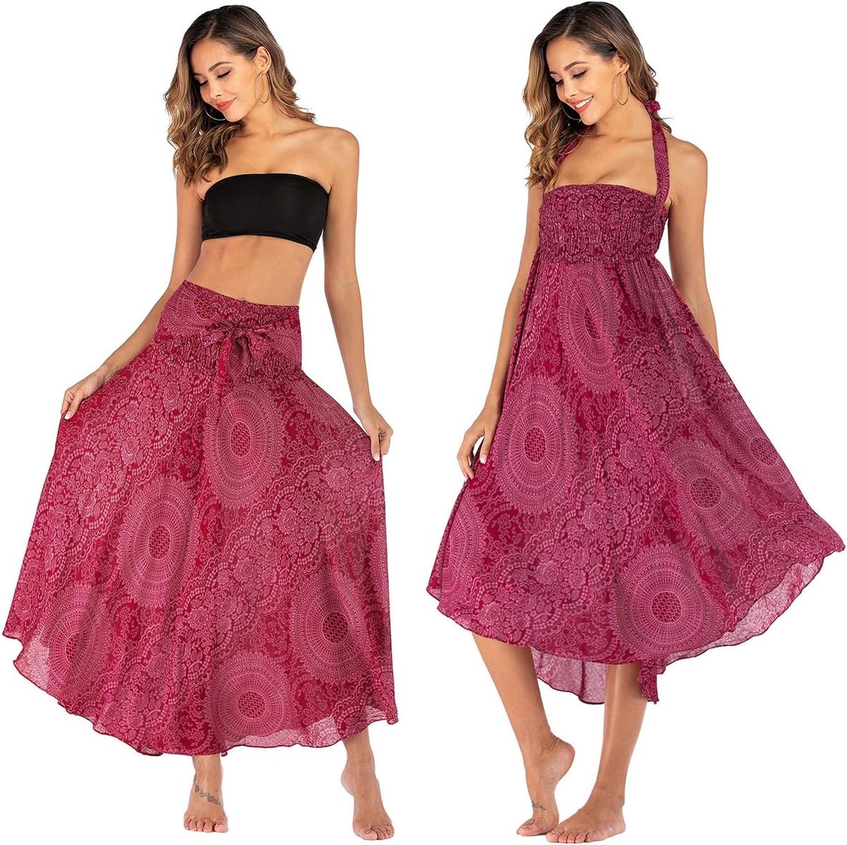 FEOYA 2-in-1 Women's Long Summer Maxi Skirt Boho Beach Skirt Floral High Waist Hippie Summer Dress - ShopVlot