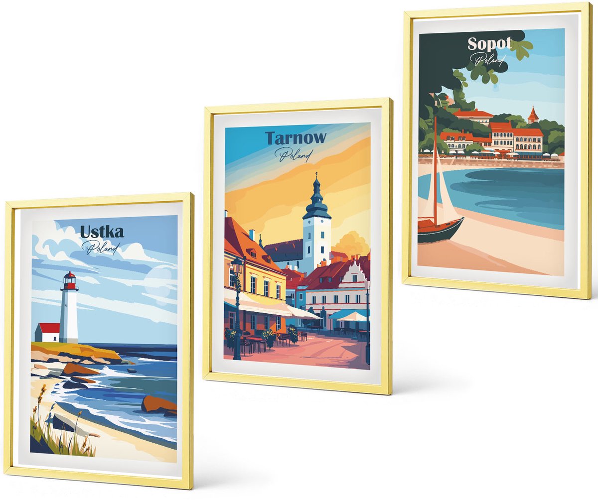 Coloray 3-Delige Schilderij Set - Retro-Illustraties Van Beroemde Steden Over De Hele Wereld - 40 x 40 cm En 40 x 60 cm - Muurdecoratie - Decoratieve Schilderijen - Wohnzimmer - Interieur Decoratie