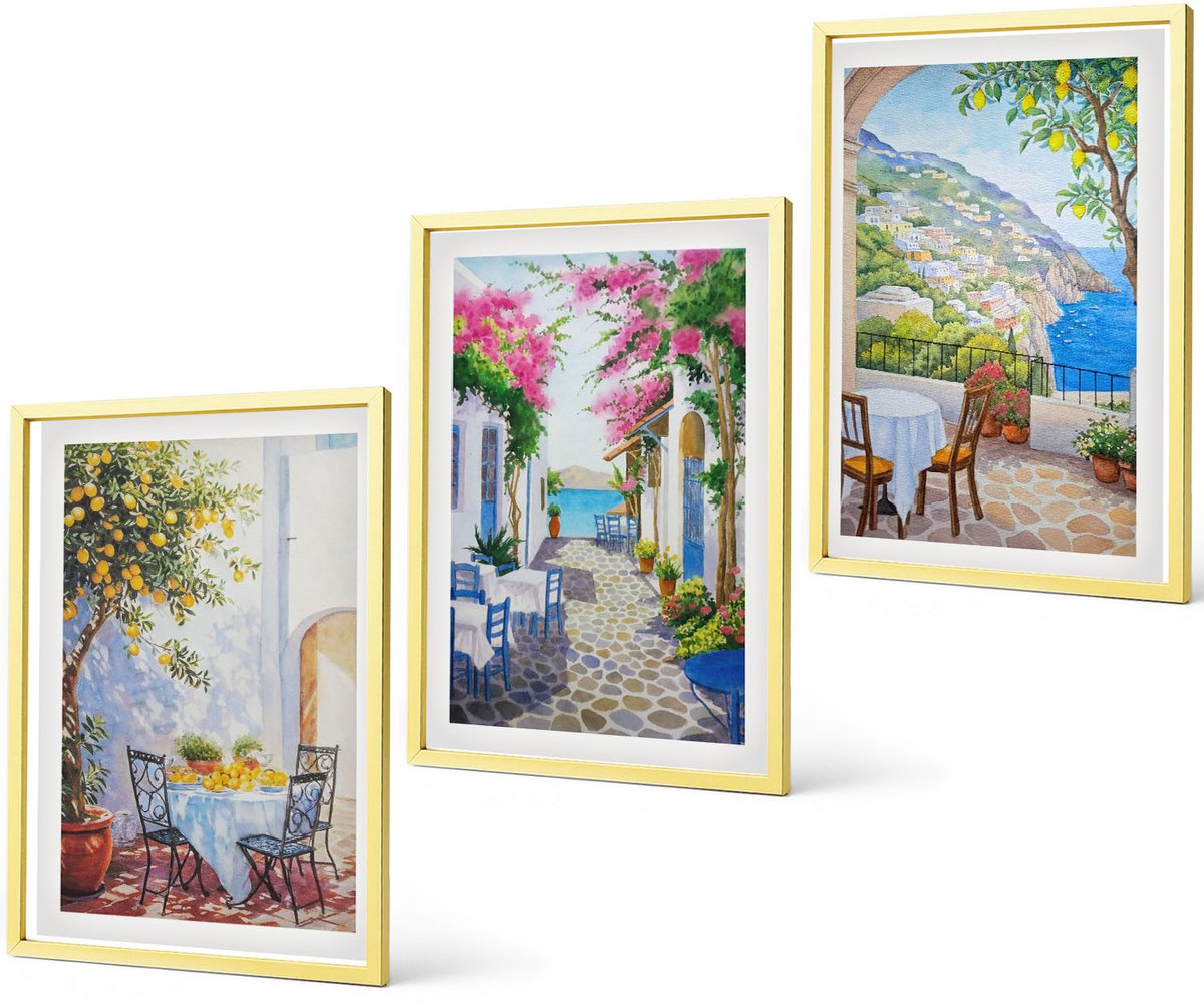 Coloray 3-Delige Schilderij Set - Bergen En Architectuur, Retro, Kleurrijke Illustraties - 40 x 40 cm En 40 x 60 cm - Muurdecoratie - Schilderijen Set - Woonkamer - Interieur Decoratie