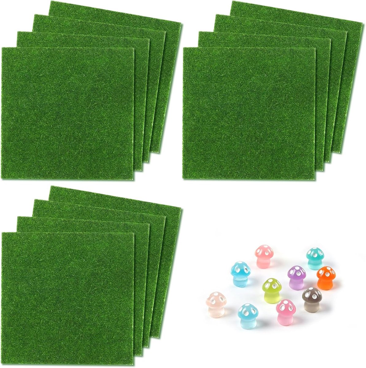Kunstgras 12 stuks - 15 x 15 x 3 cm - groen polyester - inclusief mini-paddenstoelen - ShopVlot