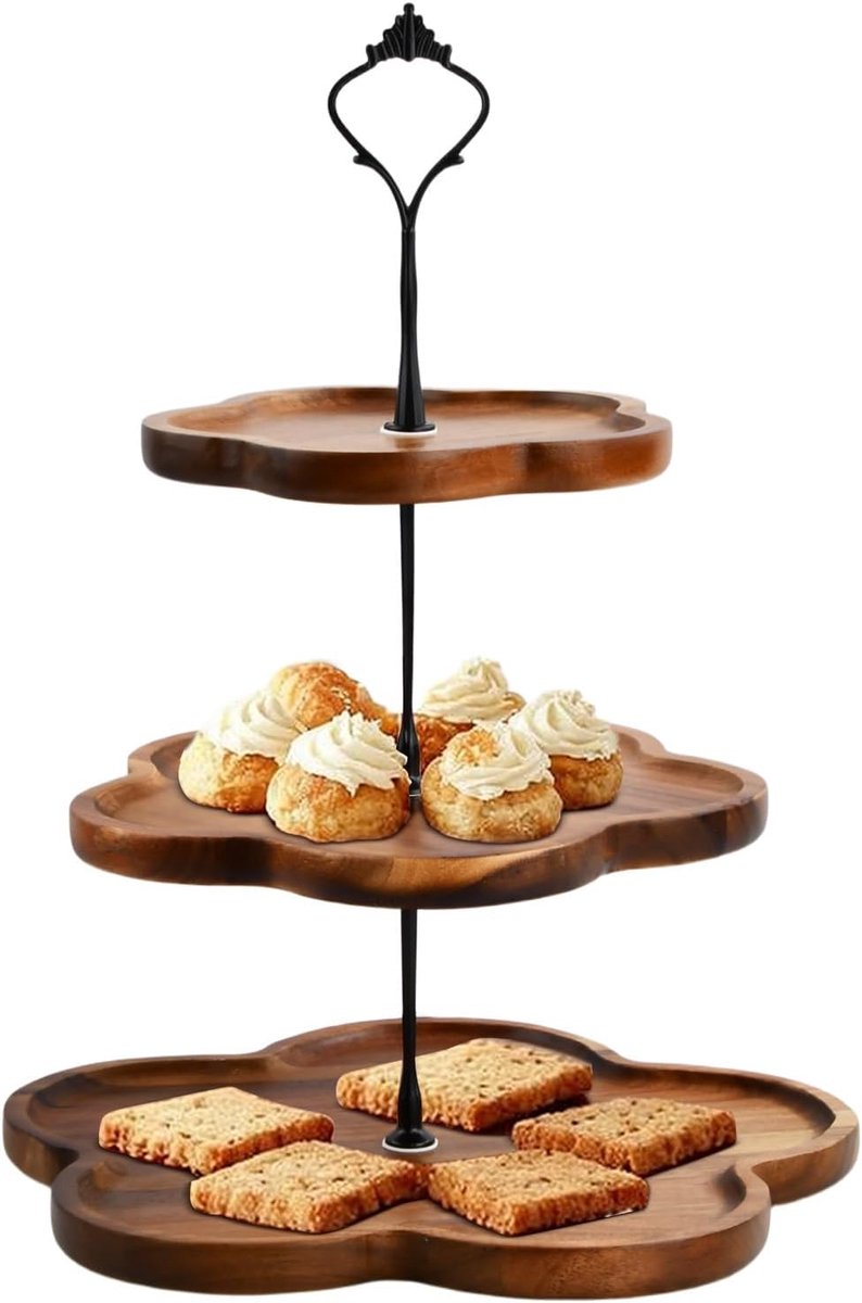 Taartstandaard 3-laags - Houten met metalen handvat - Serveren van desserts - Ideaal voor verjaardagen - ShopVlot