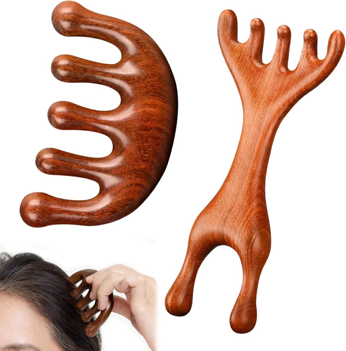 Hoofdhuidmassageborstels set van 2 - handgesneden hout - stimuleert acupressuurpunten - diepe ontspanning - ShopVlot