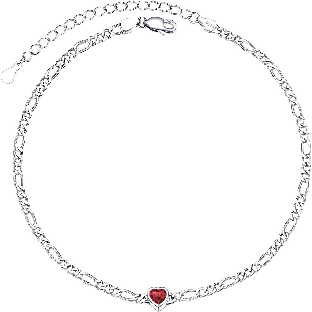 Enkelbandje vrouw 22cm - zilver figaro ketting - versierd met synthetische granaat hart - stijlvol accessoire - ShopVlot
