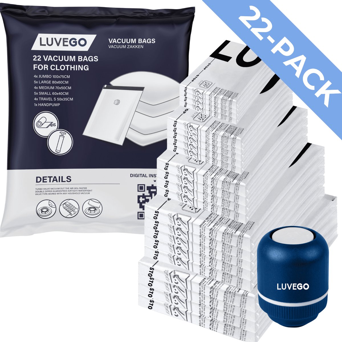 Luvego Vacuumzakken Kleding & Dekbedden - 23 Stuks / 5 Maten - Reiszakken Vacuum Opbergzakken Incl. Elektrische Pomp