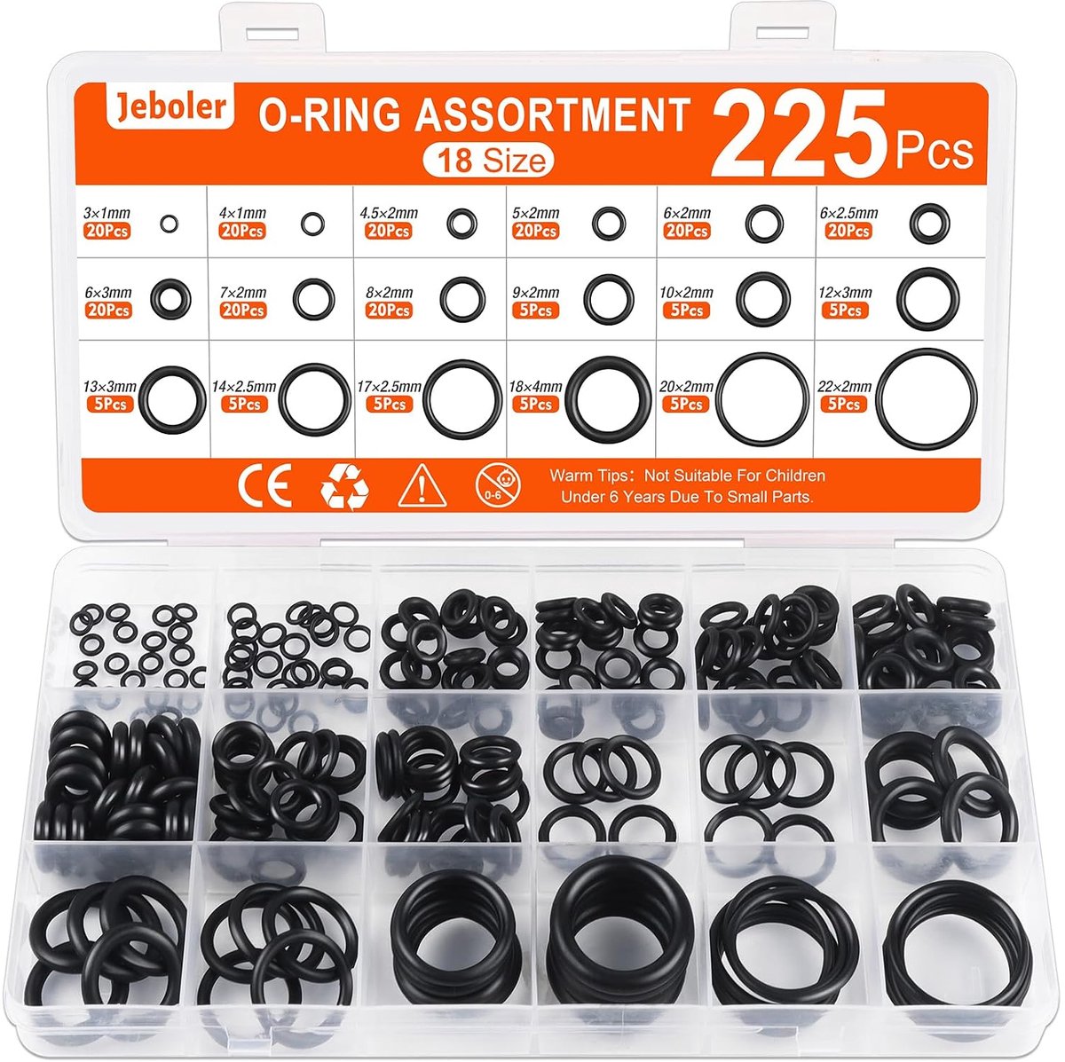 O-ring set 225 stuks, Ø 3-22mm - NBR rubber - temperatuurbestendig - perfect voor sanitaire toepassingen - ShopVlot